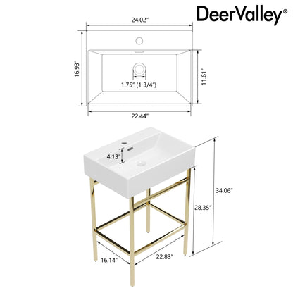 Bathroom Console Sink, 24" W x 17" D x 34" H Rectangular Bathroom Sink with Chrome/Gold/Black Legs Support Ceramic Sink with Overflow