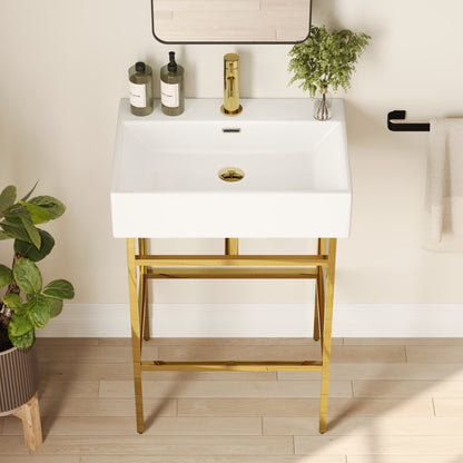 Bathroom Console Sink, 24" W x 17" D x 34" H Rectangular Bathroom Sink with Chrome/Gold/Black Legs Support Ceramic Sink with Overflow