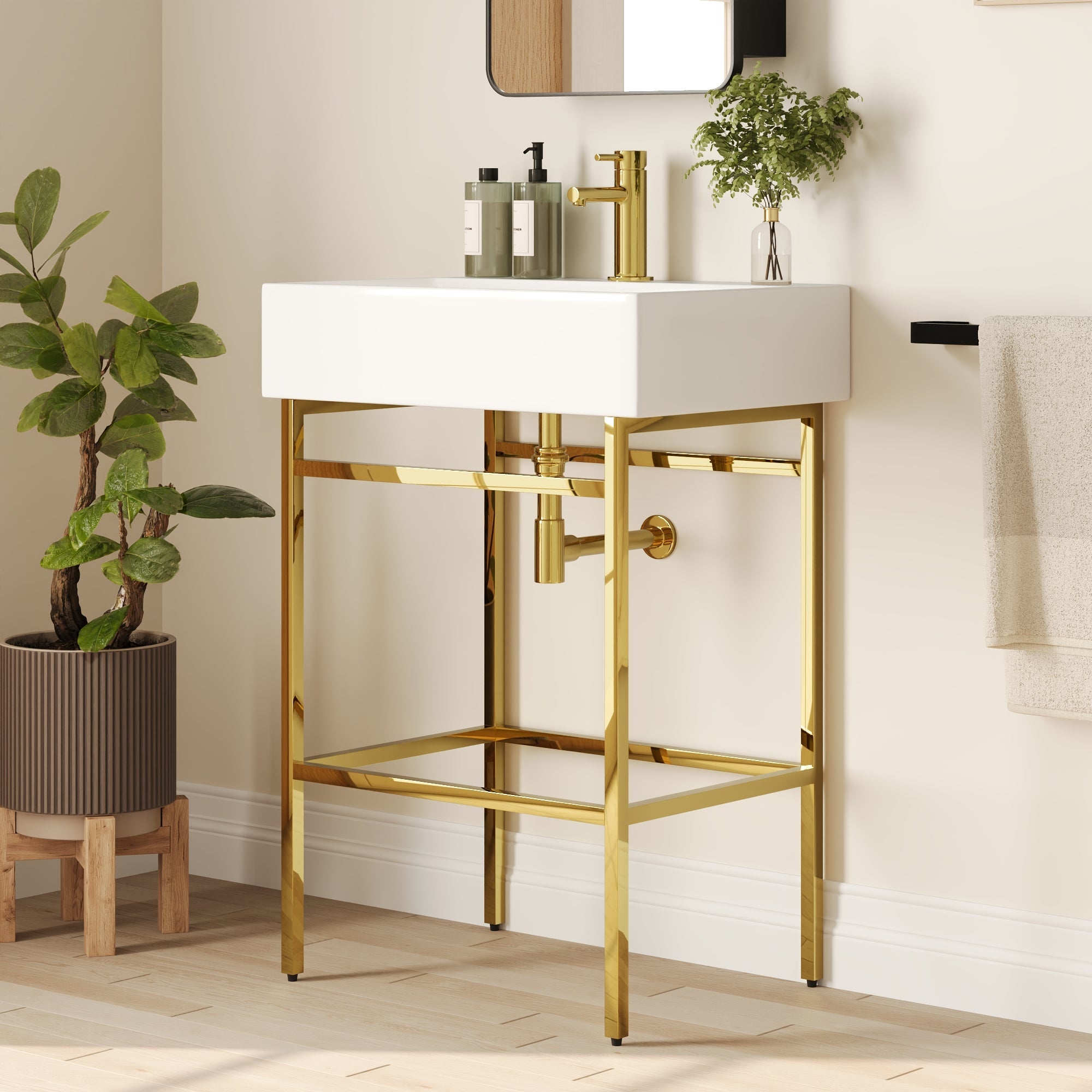 Bathroom Console Sink, 24" W x 17" D x 34" H Rectangular Bathroom Sink with Chrome/Gold/Black Legs Support Ceramic Sink with Overflow