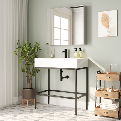 Bathroom Console Sink, 32" W x 17" D x 34" H Rectangular Bathroom Sink with Chrome/Gold/Black Legs Support Ceramic Sink with Overflow.