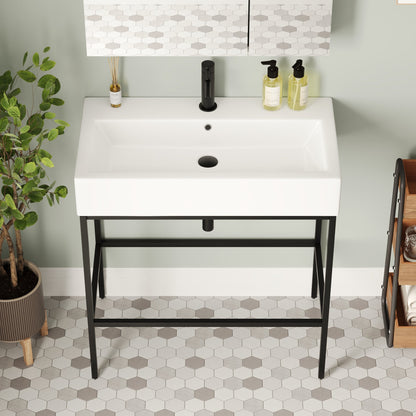 Bathroom Console Sink, 32" W x 17" D x 34" H Rectangular Bathroom Sink with Chrome/Gold/Black Legs Support Ceramic Sink with Overflow.