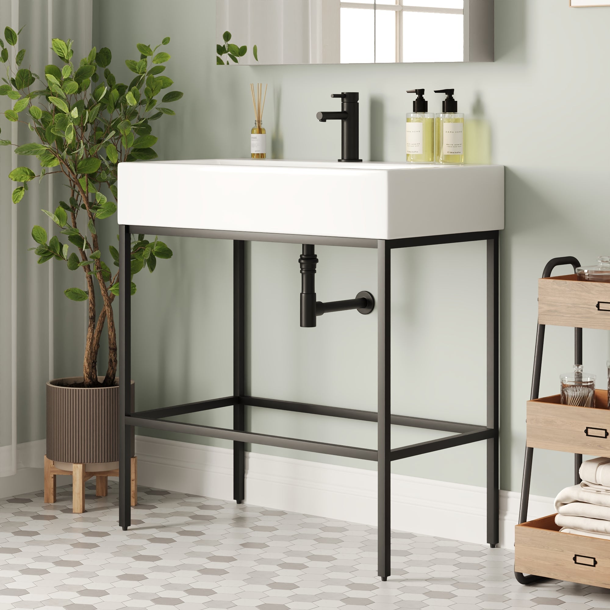 Bathroom Console Sink, 32" W x 17" D x 34" H Rectangular Bathroom Sink with Chrome/Gold/Black Legs Support Ceramic Sink with Overflow.