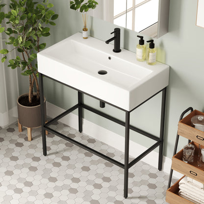 Bathroom Console Sink, 32" W x 17" D x 34" H Rectangular Bathroom Sink with Chrome/Gold/Black Legs Support Ceramic Sink with Overflow.