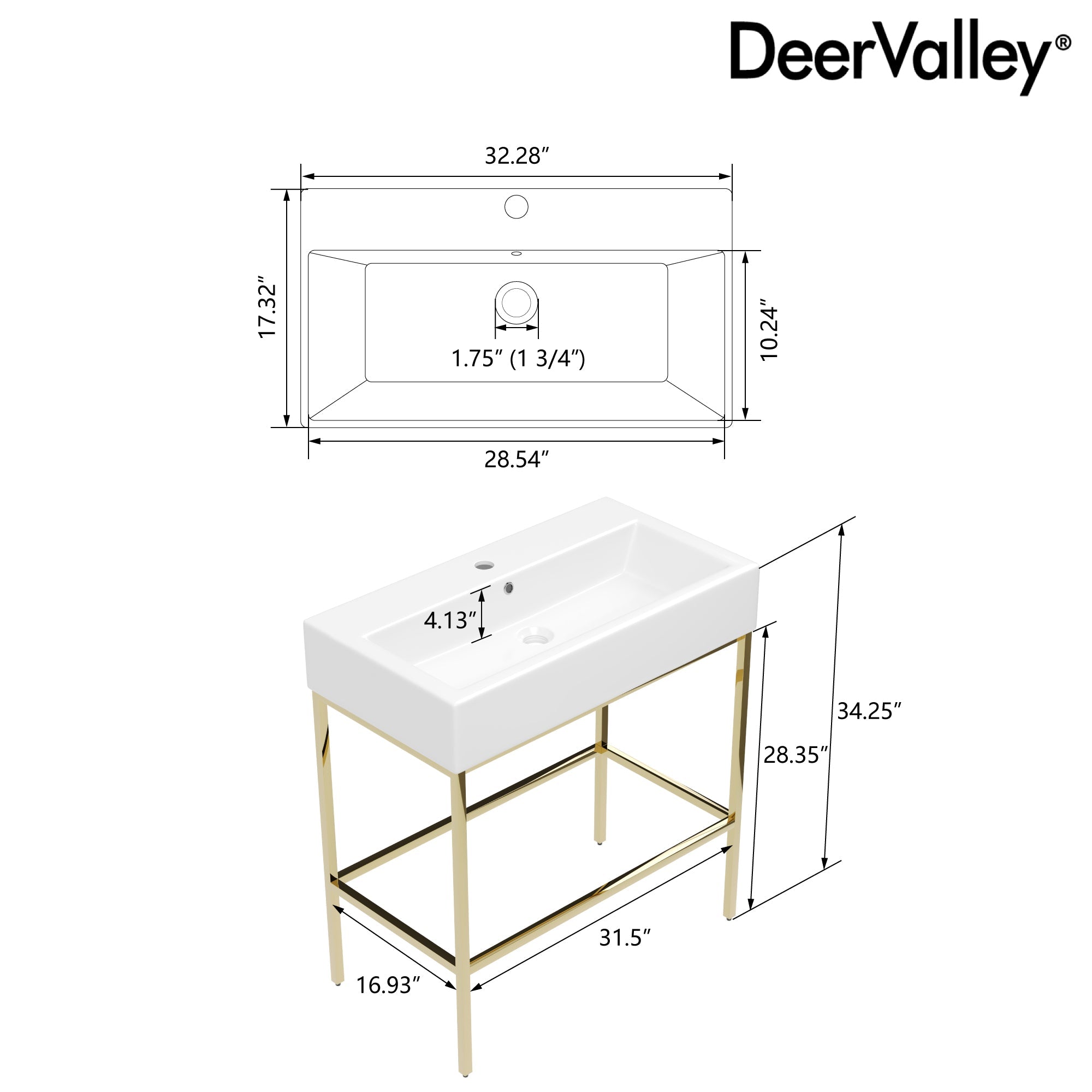 Bathroom Console Sink, 32" W x 17" D x 34" H Rectangular Bathroom Sink with Chrome/Gold/Black Legs Support Ceramic Sink with Overflow.