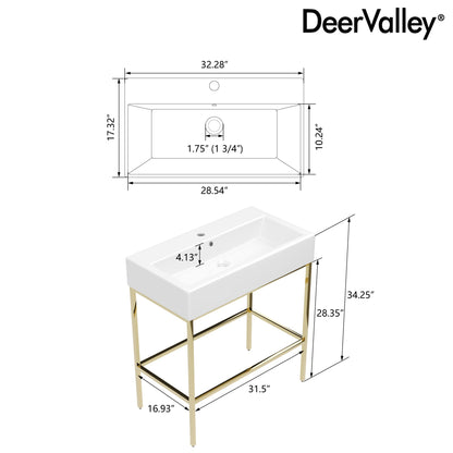 Bathroom Console Sink, 32" W x 17" D x 34" H Rectangular Bathroom Sink with Chrome/Gold/Black Legs Support Ceramic Sink with Overflow.