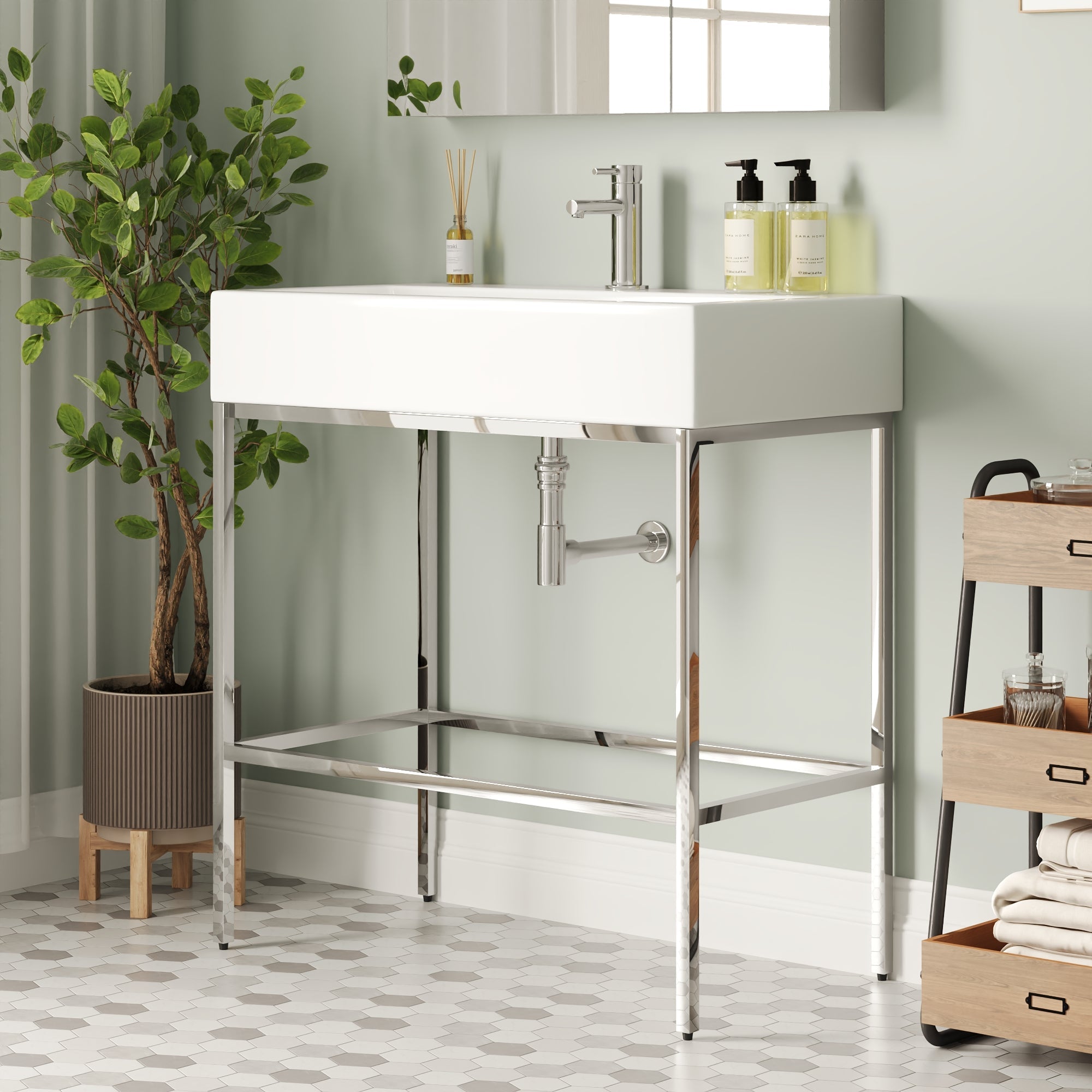 Bathroom Console Sink, 32" W x 17" D x 34" H Rectangular Bathroom Sink with Chrome/Gold/Black Legs Support Ceramic Sink with Overflow.