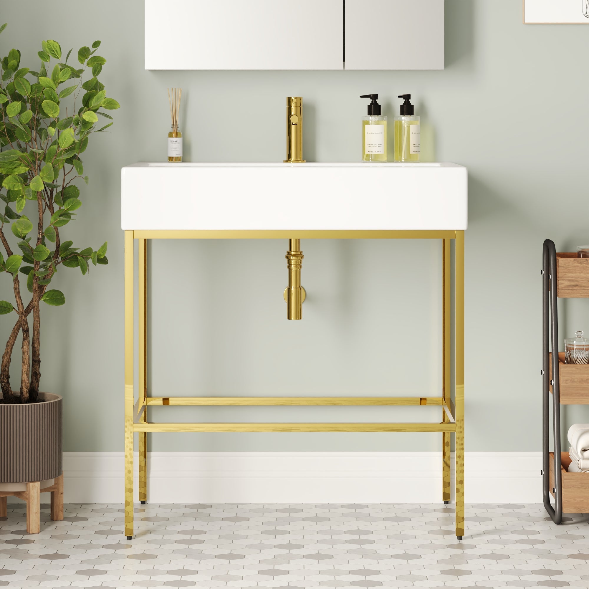 Bathroom Console Sink, 32" W x 17" D x 34" H Rectangular Bathroom Sink with Chrome/Gold/Black Legs Support Ceramic Sink with Overflow.