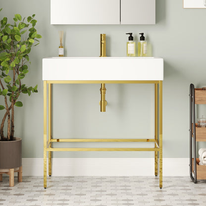 Bathroom Console Sink, 32" W x 17" D x 34" H Rectangular Bathroom Sink with Chrome/Gold/Black Legs Support Ceramic Sink with Overflow.