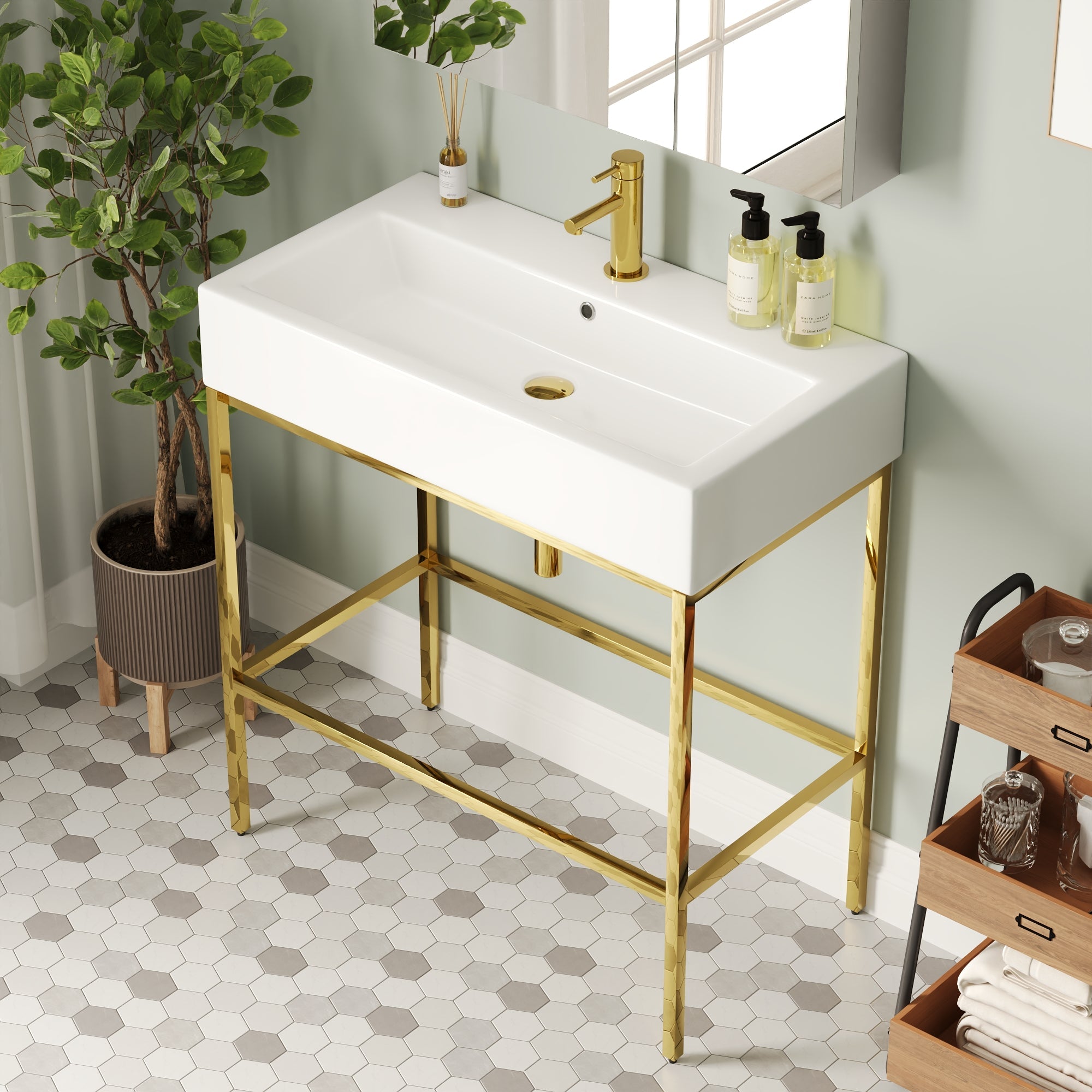 Bathroom Console Sink, 32" W x 17" D x 34" H Rectangular Bathroom Sink with Chrome/Gold/Black Legs Support Ceramic Sink with Overflow.