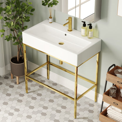 Bathroom Console Sink, 32" W x 17" D x 34" H Rectangular Bathroom Sink with Chrome/Gold/Black Legs Support Ceramic Sink with Overflow.