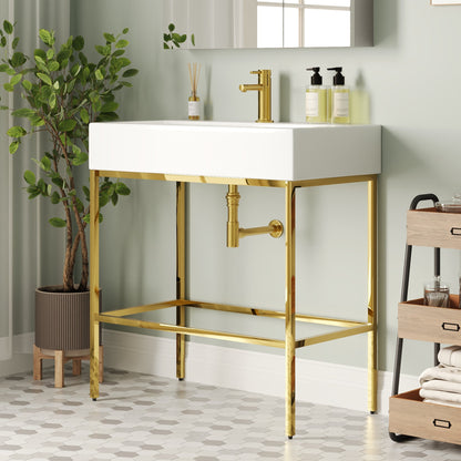 Bathroom Console Sink, 32" W x 17" D x 34" H Rectangular Bathroom Sink with Chrome/Gold/Black Legs Support Ceramic Sink with Overflow.