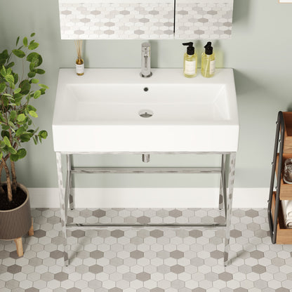 Bathroom Console Sink, 32" W x 17" D x 34" H Rectangular Bathroom Sink with Chrome/Gold/Black Legs Support Ceramic Sink with Overflow.