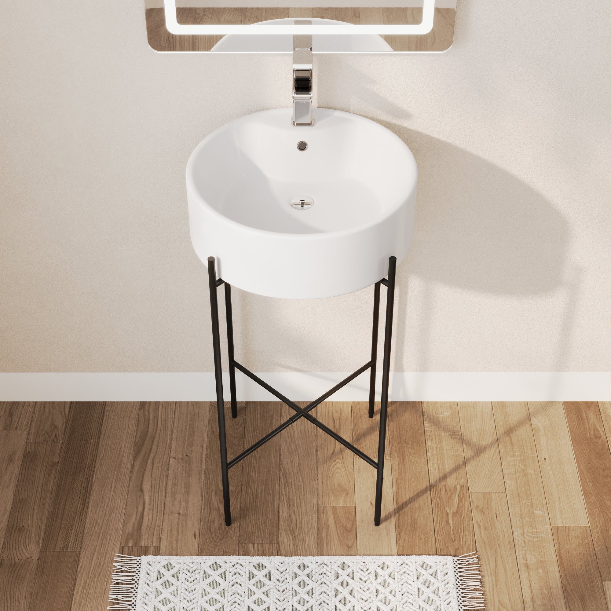 Bathroom Console Sink, Round Bathroom Sink with Chrome/Gold/Black Legs Support Ceramic Sink with Overflow.