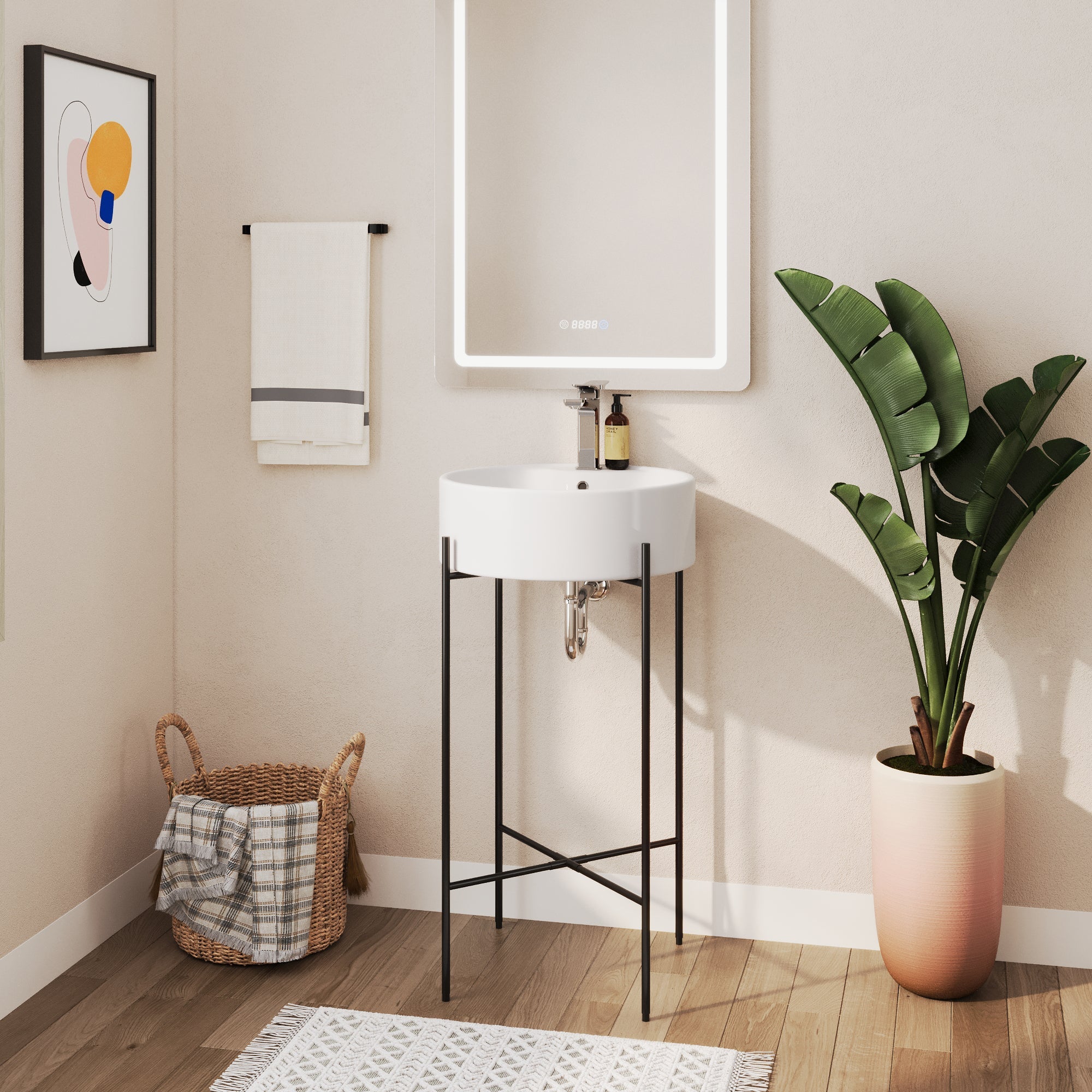 Bathroom Console Sink, Round Bathroom Sink with Chrome/Gold/Black Legs Support Ceramic Sink with Overflow.