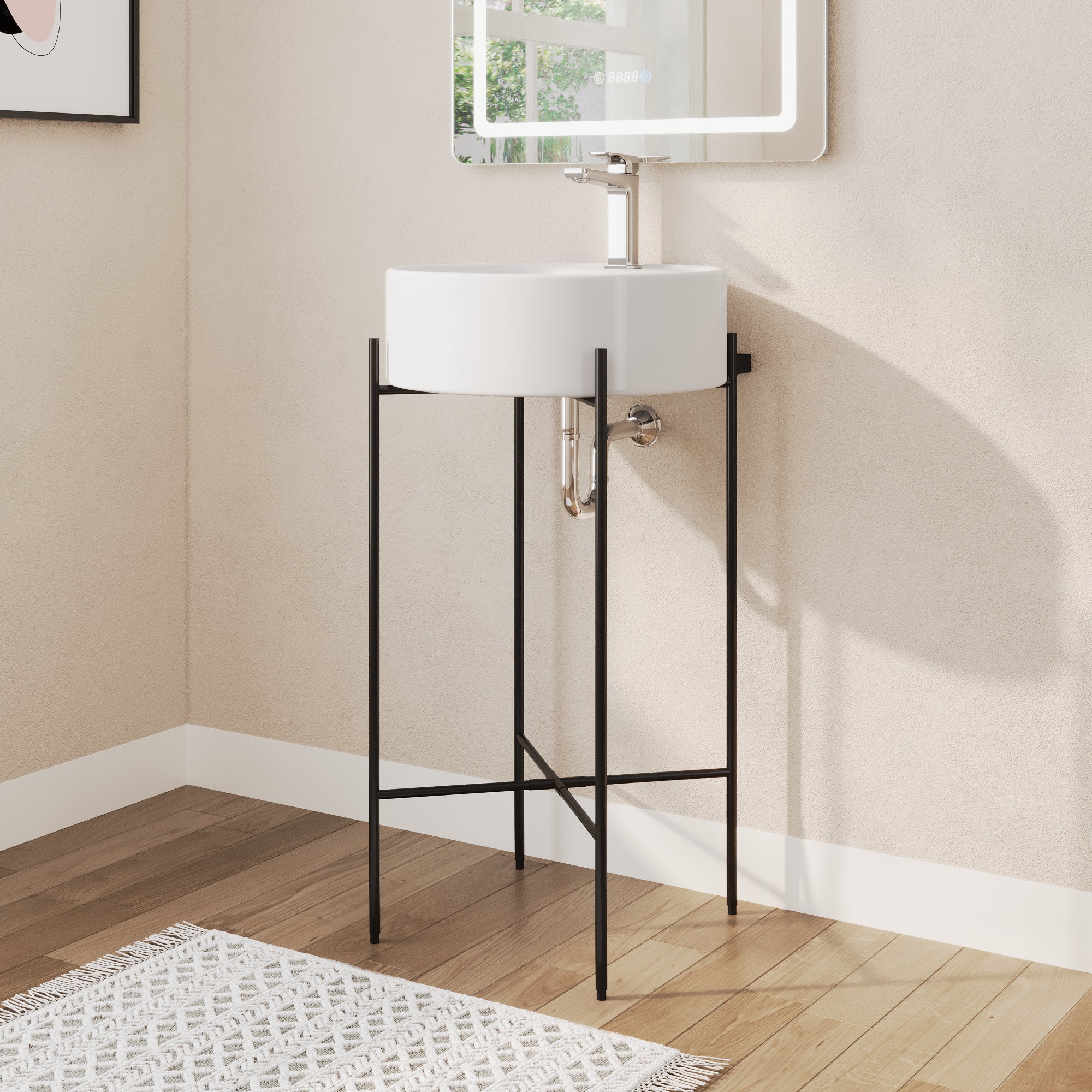 Bathroom Console Sink, Round Bathroom Sink with Chrome/Gold/Black Legs Support Ceramic Sink with Overflow.