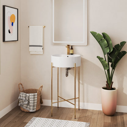 Bathroom Console Sink, Round Bathroom Sink with Chrome/Gold/Black Legs Support Ceramic Sink with Overflow.