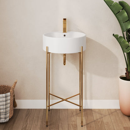 Bathroom Console Sink, Round Bathroom Sink with Chrome/Gold/Black Legs Support Ceramic Sink with Overflow.