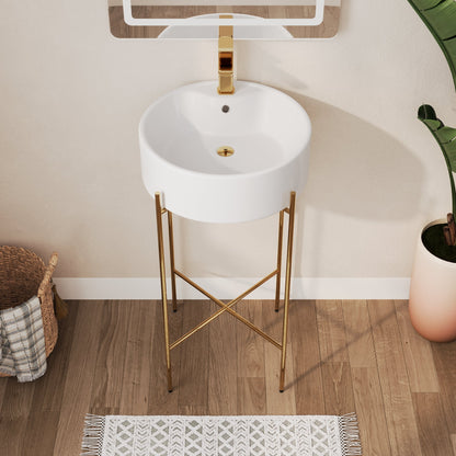 Bathroom Console Sink, Round Bathroom Sink with Chrome/Gold/Black Legs Support Ceramic Sink with Overflow.