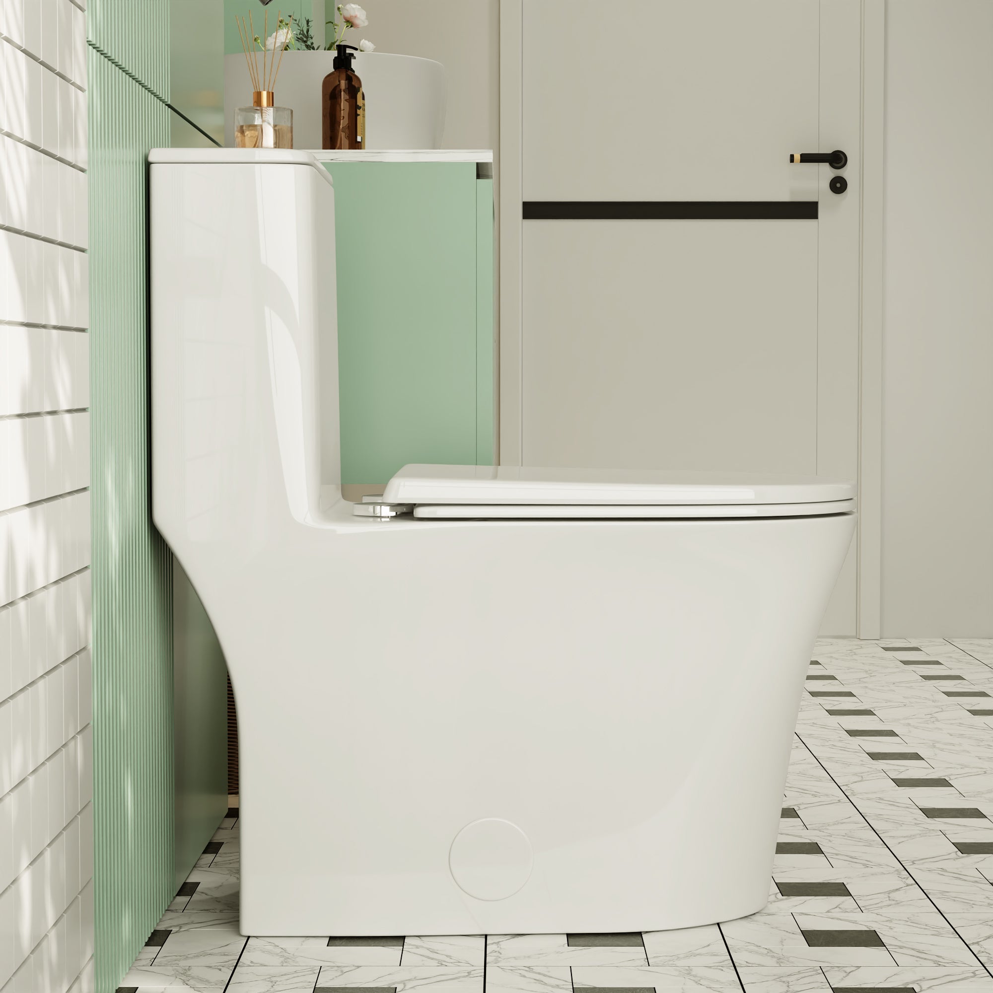 One Piece Toilet for Bathroom, Dual Flush 1.1/1.6 GPF Skirted Toilets, Soft Close seat