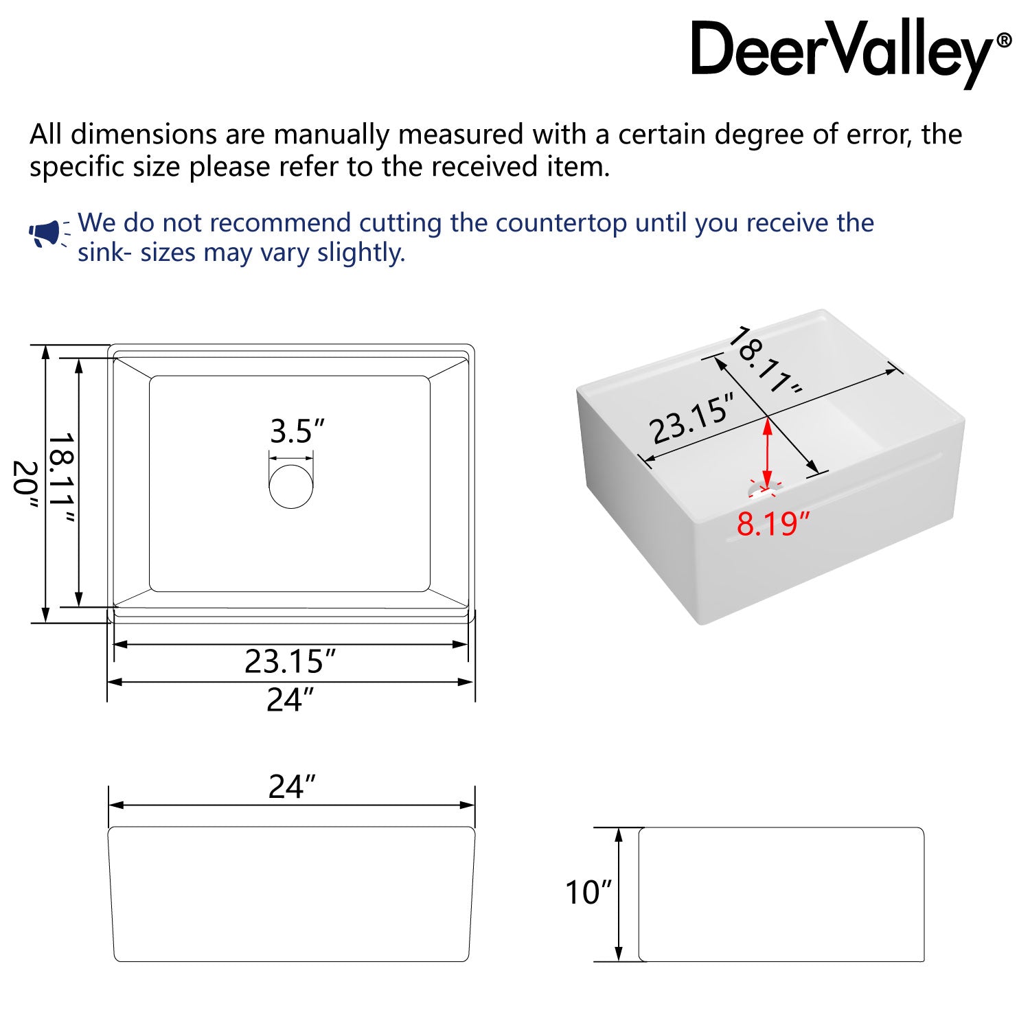 33"L X 20"W / 24"L X 20"W Rectangular Workstation Farmhouse Kitchen Sink, Smooth Surface