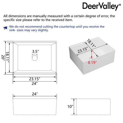33"L X 20"W / 24"L X 20"W Rectangular Workstation Farmhouse Kitchen Sink, Smooth Surface