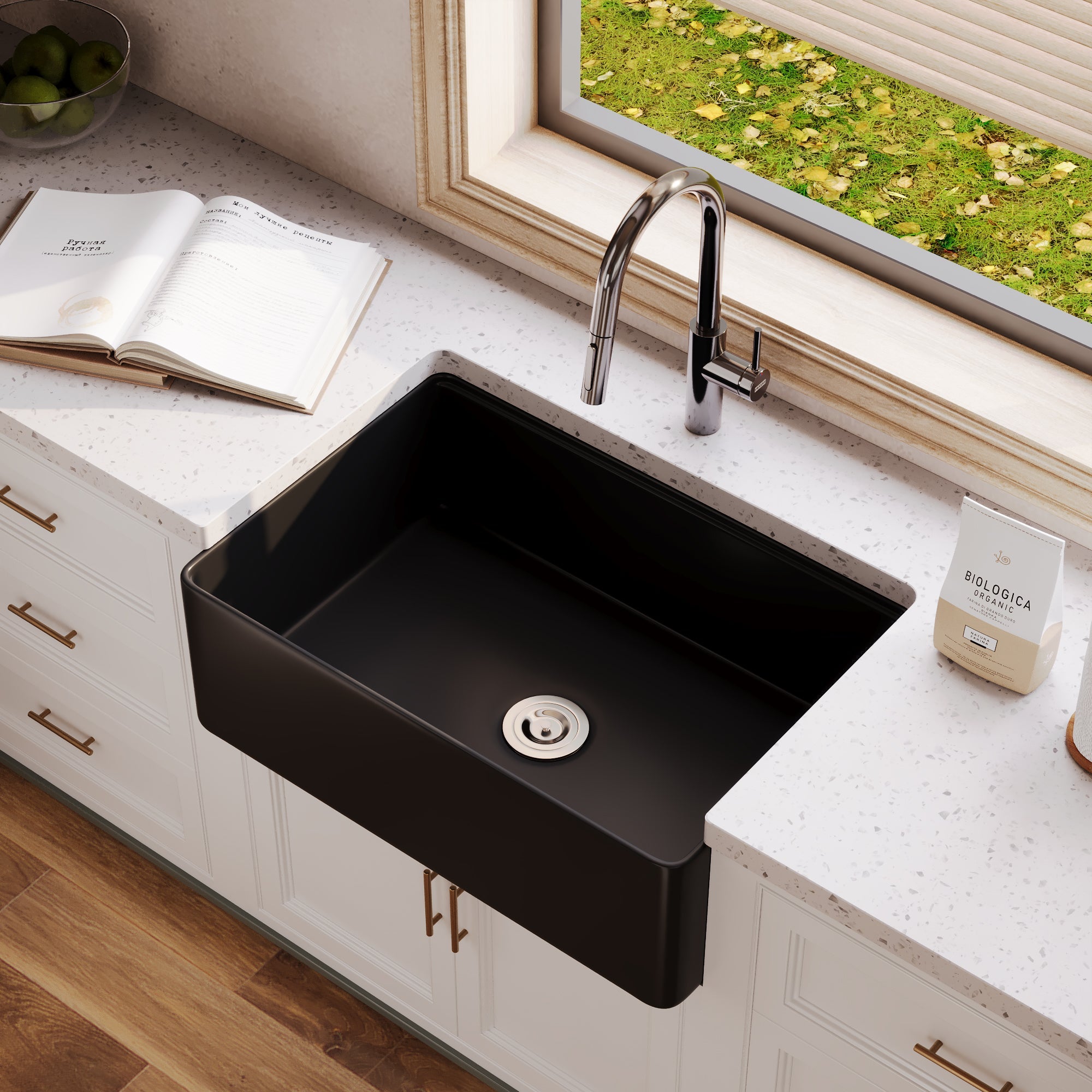 30"x 20" Farmhouse Sink Fireclay Apron Front Single Bowl Deep Drop In Kitchen Sink Undermount Farm Sink with Bottom Grid & Strainer - White Color / Black Color