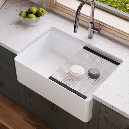 30"x 20" Farmhouse Sink Fireclay Apron Front Single Bowl Deep Drop In Kitchen Sink Undermount Farm Sink with Bottom Grid & Strainer - White Color / Black Color