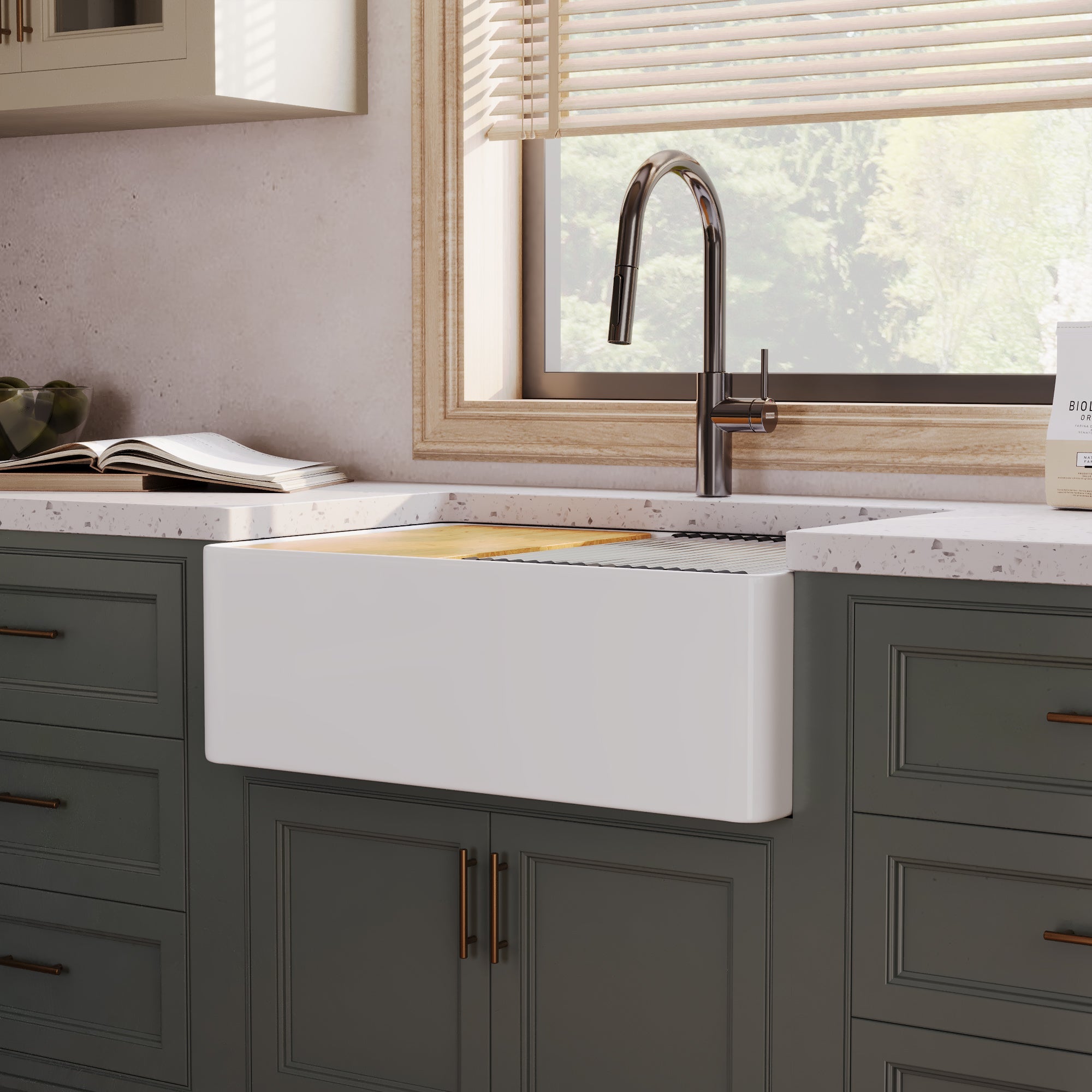 30"x 20" Farmhouse Sink Fireclay Apron Front Single Bowl Deep Drop In Kitchen Sink Undermount Farm Sink with Bottom Grid & Strainer - White Color / Black Color