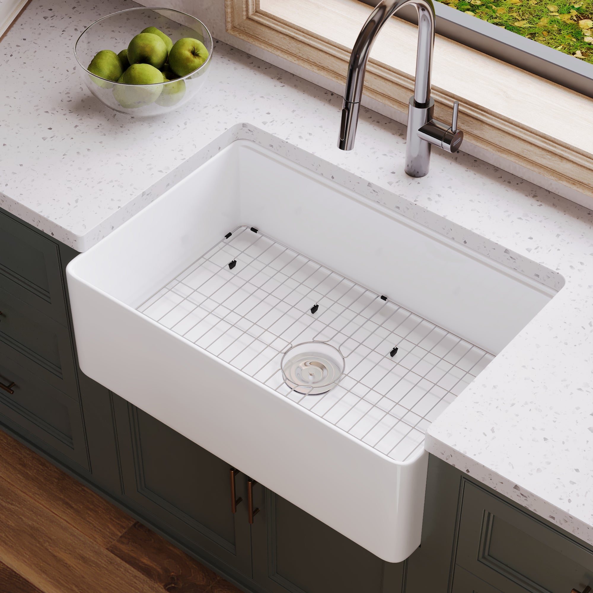 30"x 20" Farmhouse Sink Fireclay Apron Front Single Bowl Deep Drop In Kitchen Sink Undermount Farm Sink with Bottom Grid & Strainer - White Color / Black Color