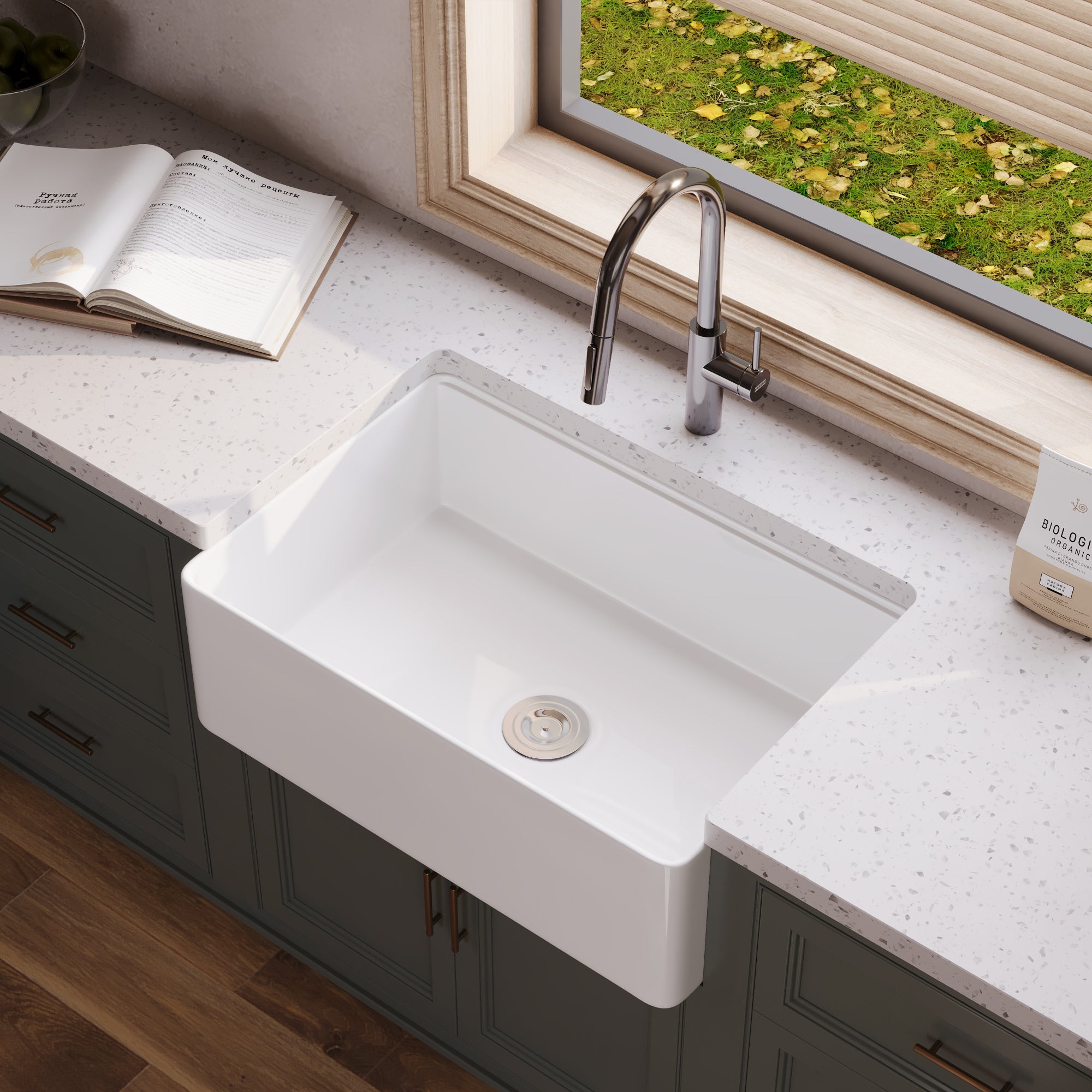 30"x 20" Farmhouse Sink Fireclay Apron Front Single Bowl Deep Drop In Kitchen Sink Undermount Farm Sink with Bottom Grid & Strainer - White Color / Black Color