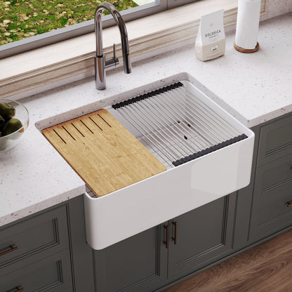 30"x 20" Farmhouse Sink Fireclay Apron Front Single Bowl Deep Drop In Kitchen Sink Undermount Farm Sink with Bottom Grid & Strainer - White Color / Black Color
