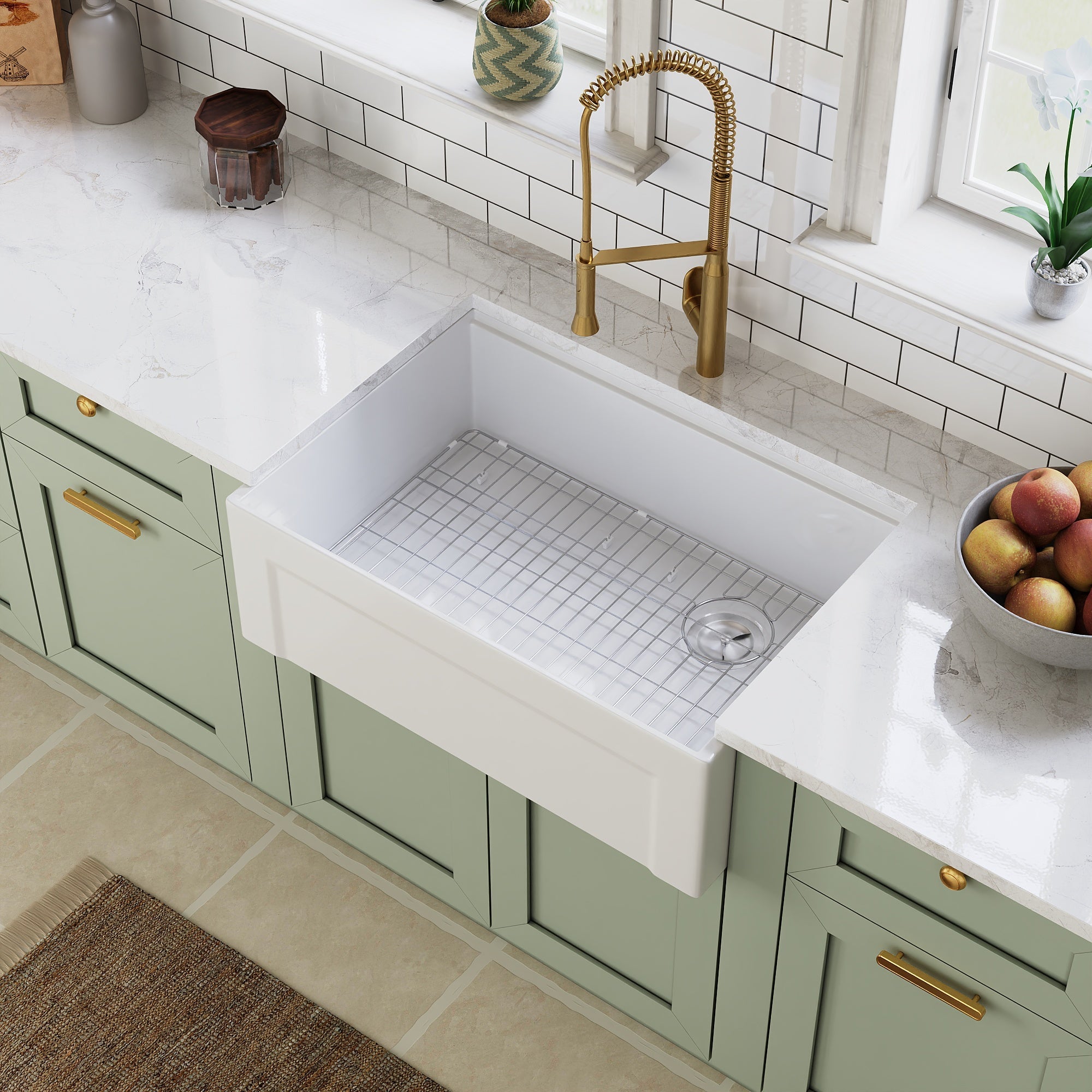 DeerValley White Farmhouse Workstation Sink, Reversible Fireclay Deep Single Bowl Apron Front Kitchen Sink, Undermount Farm Sink with Ledge and Accessories