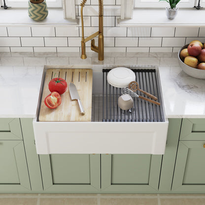 DeerValley White Farmhouse Workstation Sink, Reversible Fireclay Deep Single Bowl Apron Front Kitchen Sink, Undermount Farm Sink with Ledge and Accessories