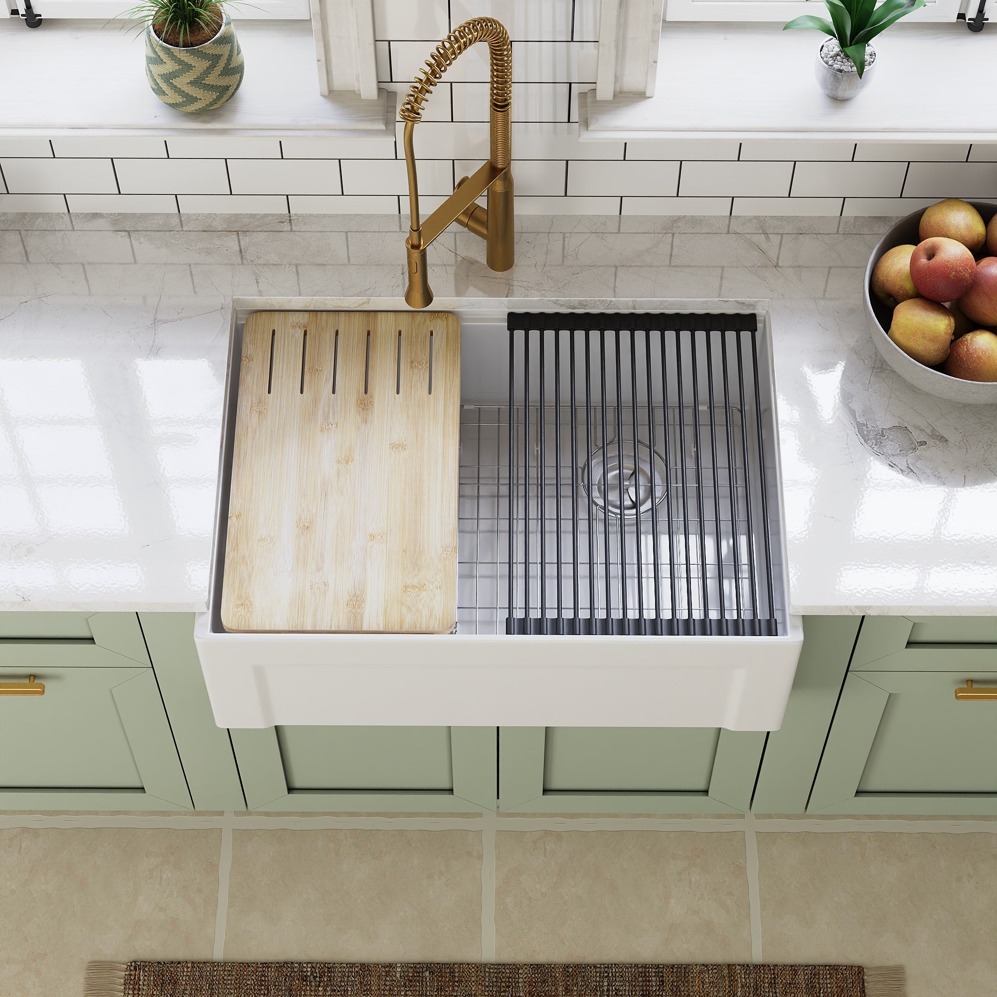 DeerValley White Farmhouse Workstation Sink, Reversible Fireclay Deep Single Bowl Apron Front Kitchen Sink, Undermount Farm Sink with Ledge and Accessories