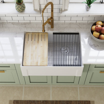 DeerValley White Farmhouse Workstation Sink, Reversible Fireclay Deep Single Bowl Apron Front Kitchen Sink, Undermount Farm Sink with Ledge and Accessories