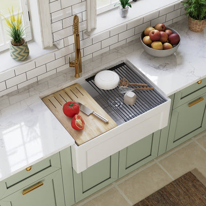 DeerValley White Farmhouse Workstation Sink, Reversible Fireclay Deep Single Bowl Apron Front Kitchen Sink, Undermount Farm Sink with Ledge and Accessories