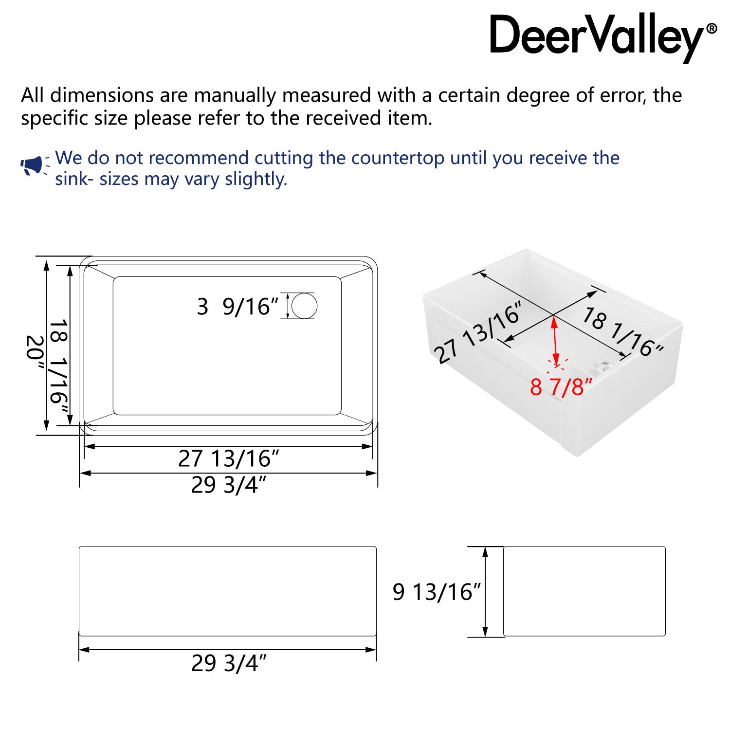 DeerValley White Farmhouse Workstation Sink, Reversible Fireclay Deep Single Bowl Apron Front Kitchen Sink, Undermount Farm Sink with Ledge and Accessories