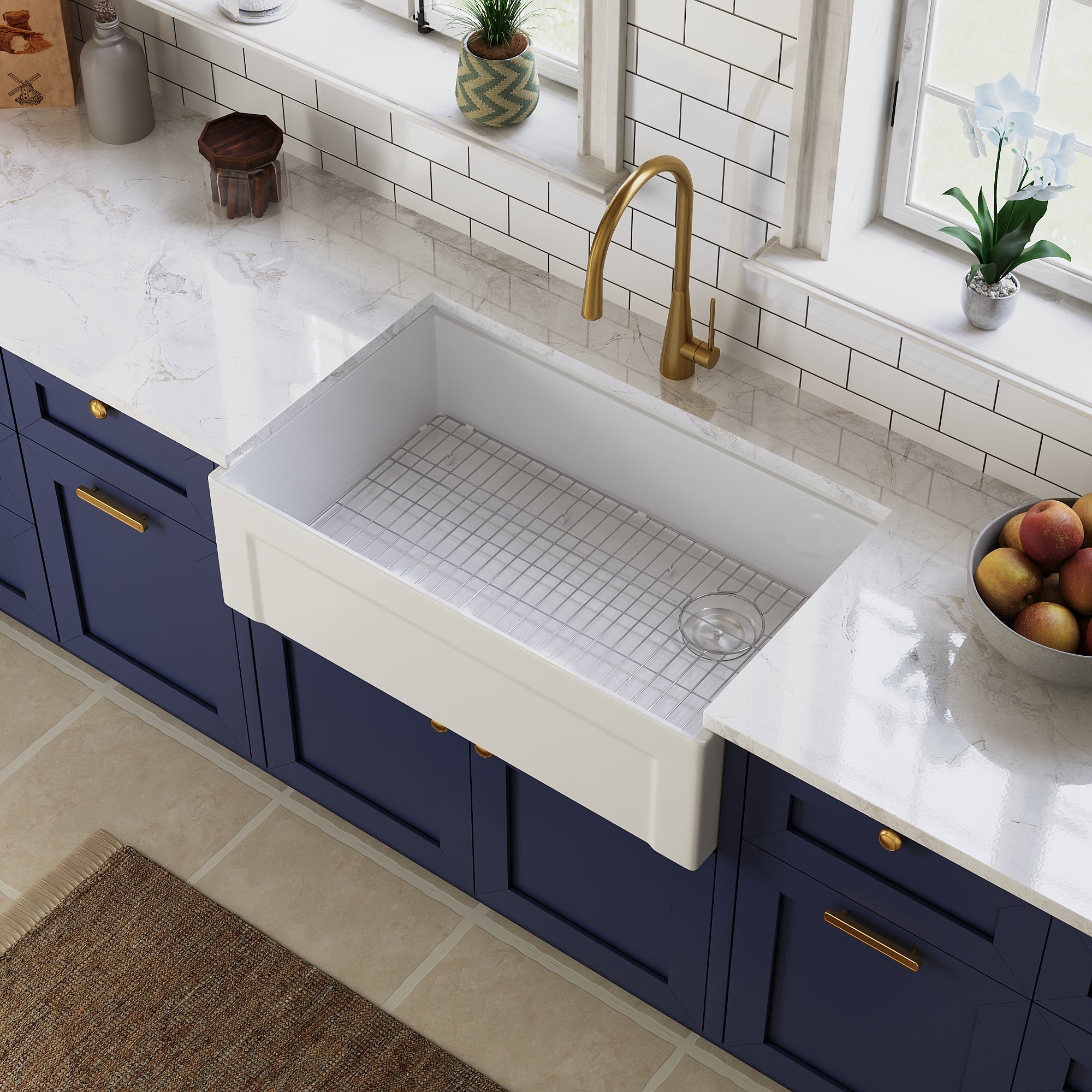 DeerValley White Farmhouse Workstation Sink, Reversible Fireclay Deep Single Bowl Apron Front Kitchen Sink, Undermount Farm Sink with Ledge and Accessories