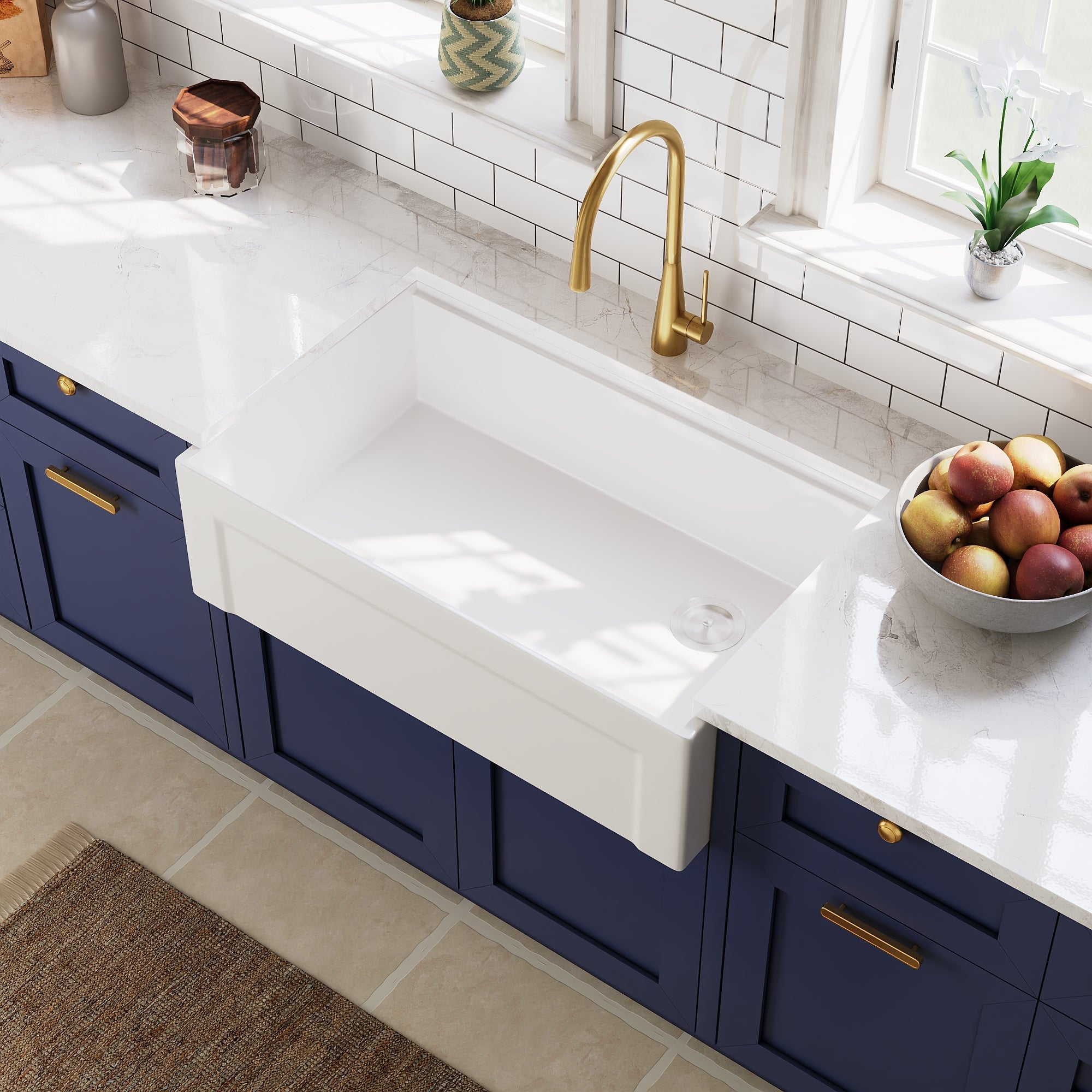 DeerValley White Farmhouse Workstation Sink, Reversible Fireclay Deep Single Bowl Apron Front Kitchen Sink, Undermount Farm Sink with Ledge and Accessories