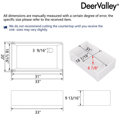 DeerValley White Farmhouse Workstation Sink, Reversible Fireclay Deep Single Bowl Apron Front Kitchen Sink, Undermount Farm Sink with Ledge and Accessories