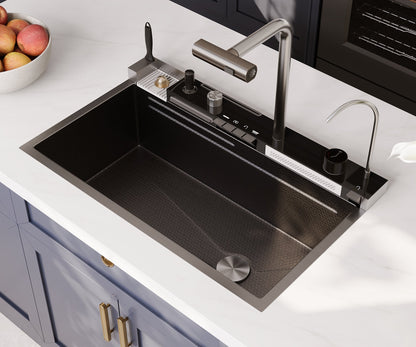 DeerValley  Smart Waterfall Kitchen Sink, Drop In Stainless Steel Digital Display Honeycomb Nano Modern Workstation Sink with Pull Down Faucet, Single Bowl Kitchen Sink With Various Accessories