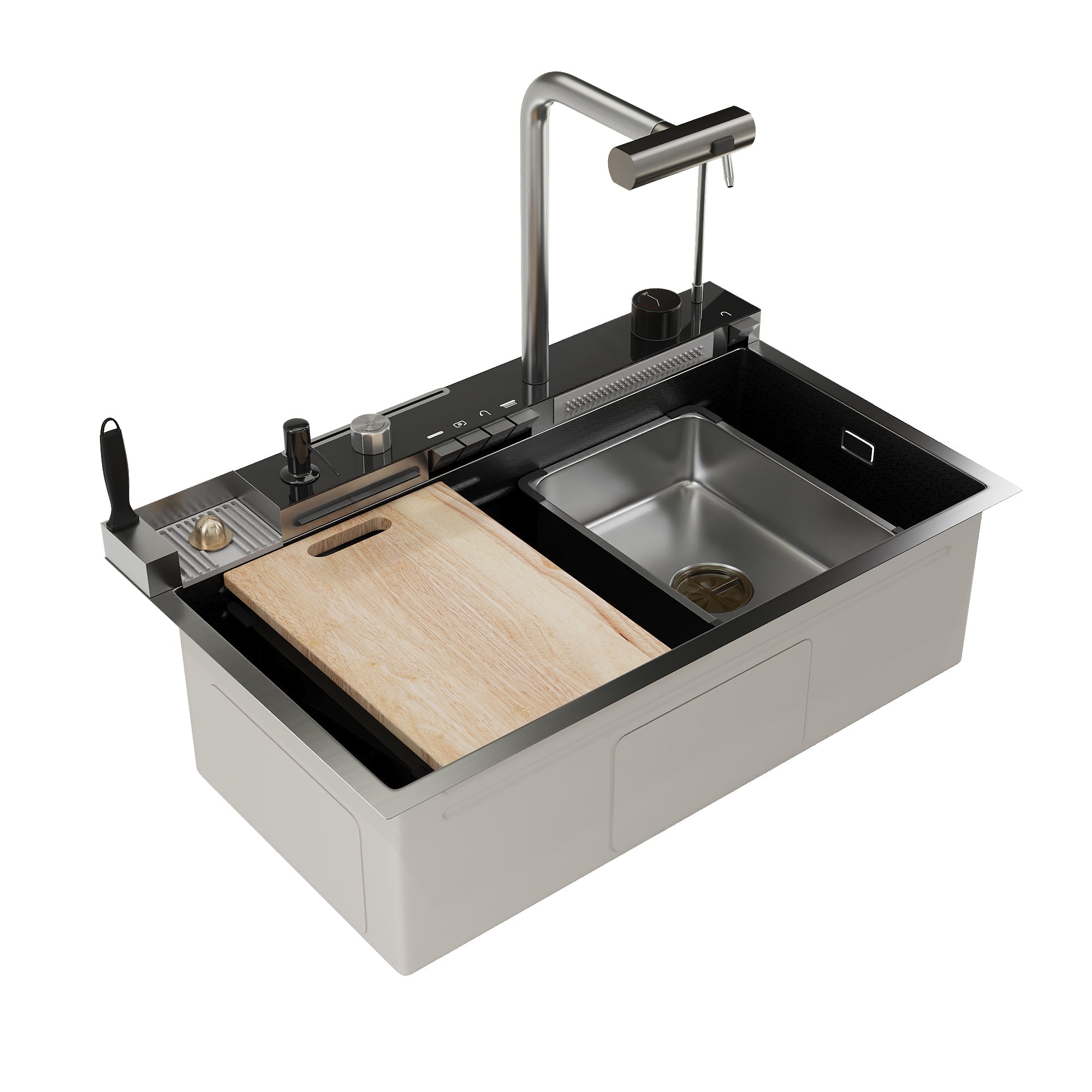 DeerValley  Smart Waterfall Kitchen Sink, Drop In Stainless Steel Digital Display Honeycomb Nano Modern Workstation Sink with Pull Down Faucet, Single Bowl Kitchen Sink With Various Accessories