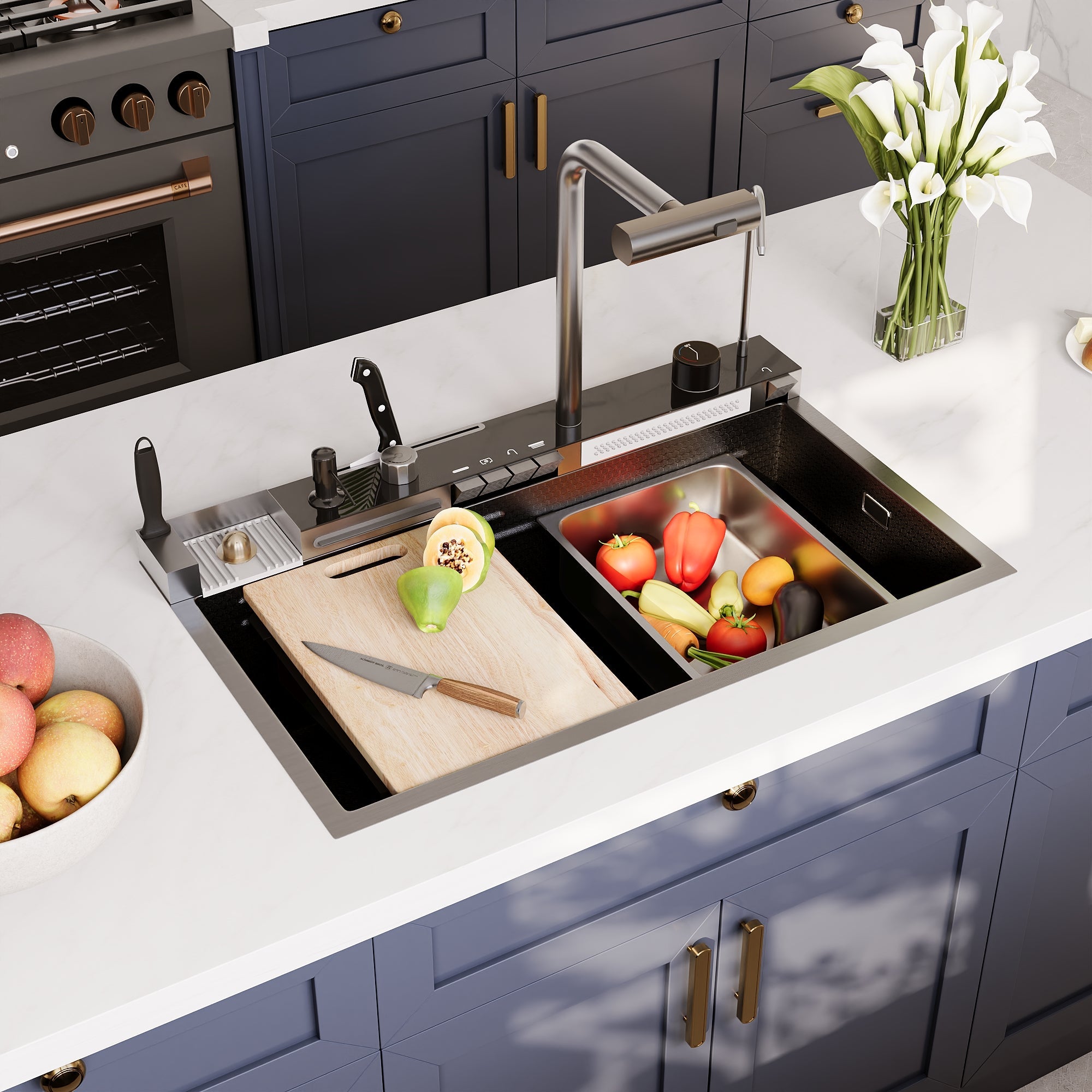 DeerValley  Smart Waterfall Kitchen Sink, Drop In Stainless Steel Digital Display Honeycomb Nano Modern Workstation Sink with Pull Down Faucet, Single Bowl Kitchen Sink With Various Accessories