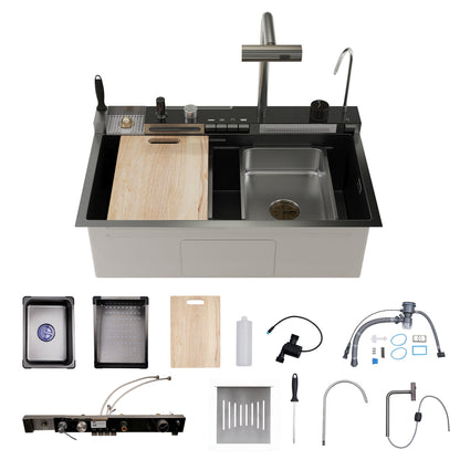 DeerValley  Smart Waterfall Kitchen Sink, Drop In Stainless Steel Digital Display Honeycomb Nano Modern Workstation Sink with Pull Down Faucet, Single Bowl Kitchen Sink With Various Accessories