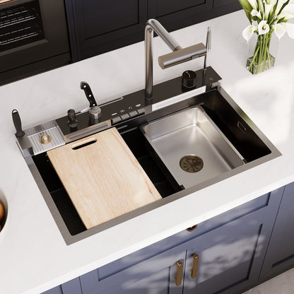 DeerValley  Smart Waterfall Kitchen Sink, Drop In Stainless Steel Digital Display Honeycomb Nano Modern Workstation Sink with Pull Down Faucet, Single Bowl Kitchen Sink With Various Accessories