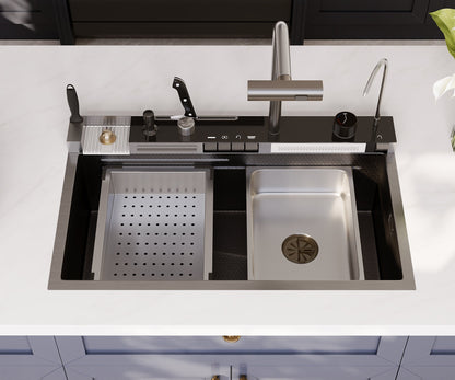 DeerValley  Smart Waterfall Kitchen Sink, Drop In Stainless Steel Digital Display Honeycomb Nano Modern Workstation Sink with Pull Down Faucet, Single Bowl Kitchen Sink With Various Accessories