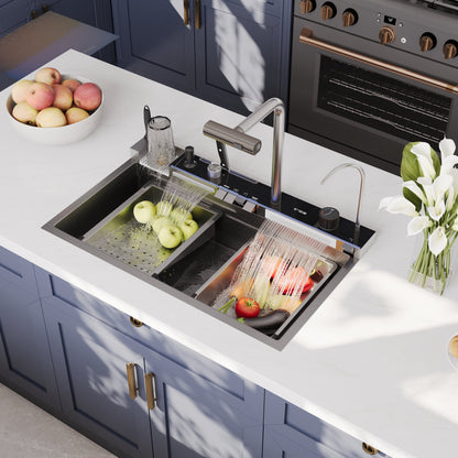 DeerValley  Smart Waterfall Kitchen Sink, Drop In Stainless Steel Digital Display Honeycomb Nano Modern Workstation Sink with Pull Down Faucet, Single Bowl Kitchen Sink With Various Accessories