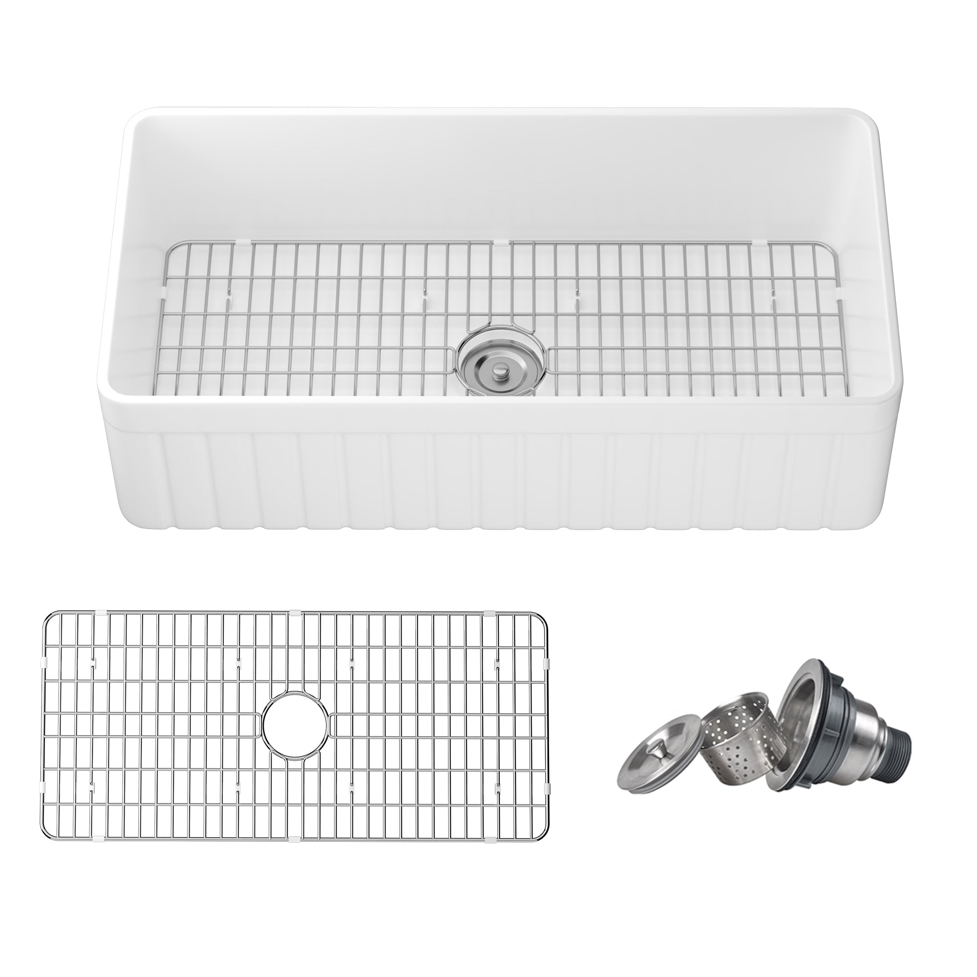 DeerValley Solstice Fireclay Farmhouse Sink,  35.5"L x 18"W Farmhouse Kitchen Sink White Large Single Bowl Farm Sink Reversible Apron Front with Sink Grid and Basket Strainer, DV-1K0377