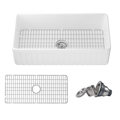 DeerValley Solstice Fireclay Farmhouse Sink,  35.5"L x 18"W Farmhouse Kitchen Sink White Large Single Bowl Farm Sink Reversible Apron Front with Sink Grid and Basket Strainer, DV-1K0377