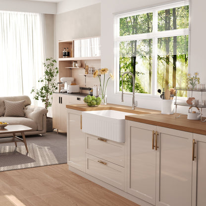 DeerValley Solstice Fireclay Farmhouse Sink,  35.5"L x 18"W Farmhouse Kitchen Sink White Large Single Bowl Farm Sink Reversible Apron Front with Sink Grid and Basket Strainer, DV-1K0377